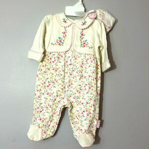 Baby grand 100% cotton floral long sleeve footed one-piece &matching hat New